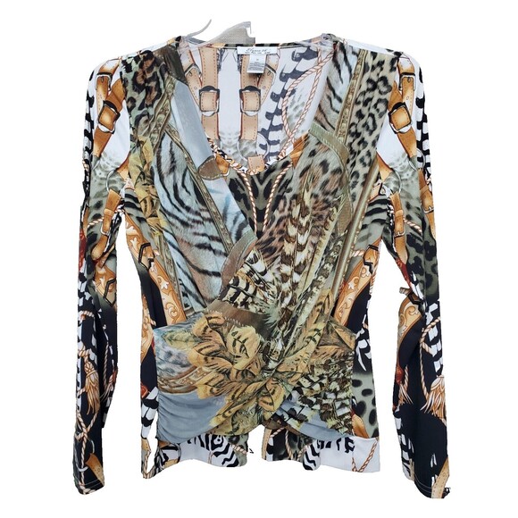 Elysee 26 Equestrian Chain Print Animal Mesh Overlay Crossover Gathered Blouse M - Picture 1 of 6